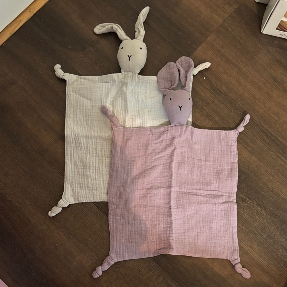 Adorable Bunny Lovey Set in Gray and Purple Muslin NEW